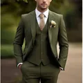 Elegant olijfgroen driedelig herenpak in slim fit met bruine stropdas met textuur - XXS / Boven- En Onderstuk / Olijfgroen