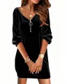Detail of the black velvet V-neck dress featuring a stylish metal front zipper design. - S / Tops / Black