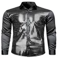 Detailed view of the black sequin texture and satin fabric on this men's fashion shirt. - M / Black