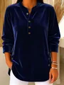 Detail view of a luxury navy blue velvet long sleeve shirt featuring decorative side buttons - Navy Blue