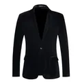 Premium men's slim fit black velvet blazer jacket with elegant single button closure - Black