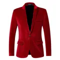 Close-up detail of the fabric and finish on a slim-fit men's red velvet blazer jacket - M / Tops / Red
