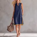 Elegant V-neck sleeveless casual loose cotton linen midi dress for summer outdoor wear - S / Dresses / Navy Blue