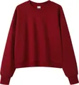 Classic burgundy loose-fit short crewneck sweatshirt for women with ribbed knit trim details - Burgundy