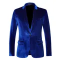 Front view of a blue slim fit velvet blazer for men featuring a single button closure. - Blue