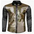 Men's shiny gold sequined long sleeve disco party shirt with black satin sleeves - M / Yellow