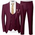 Elegante traje de hombre de 3 piezas burdeos slim fit con corbata dorada y broche real - XXS / Top Y Pantalón / Burdeos