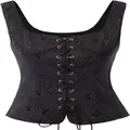Vintage schwarze Renaissance-Jacquard-Korsettweste mit Schnürung vorne - S / Oberteile / Schwarz Jacquard