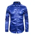 Men's royal blue shiny sequin long sleeve shirt with fashion lapel and satin sleeves - M / Tops / Blue