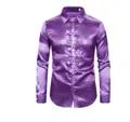 Stylish purple shiny sequin long sleeve dress shirt for men with a classic lapel collar - M / Tops / Purple