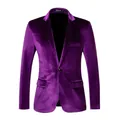 Close-up detail of a men's purple velvet slim fit blazer featuring a classic notch lapel - M / Tops / Purple