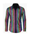 Men's fashion shiny rainbow gradient long sleeve shirt with stylish black collar detail - M / Tops / Dark Striped