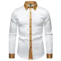 Detail view of white long-sleeve shirt with gold satin collar and placket - S / Tops / White