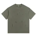 T-shirt vintage délavé épais 260g avec design à trous unique et coupe large et décontractée - S / Hauts / Vert Militaire