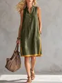 Casual women's V-neck sleeveless olive green cotton linen dress with yellow contrast trim - S / Top And Bottom / Green