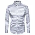 Detail of a men's shiny light grey long sleeve shirt with a classic lapel collar - S / Light Gray