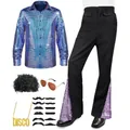 70s disco kostuumset voor heren met pailletten shirt, broek, pruik en retro accessoires - M / Boven- En Onderstuk / Blauw Geruite Top + Broek + Accessoires