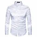 Detailed view of white men's long-sleeve dress shirt featuring a luxurious silky satin finish - S / White
