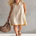 Casual sleeveless V-neck loose linen dress in beige with yellow trim for summer comfort - Apricot