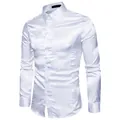 Detail of men's white shiny satin long sleeve slim fit dress shirt with lapel collar - S / Tops / White