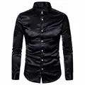 Detailed view of men's black satin long sleeve shirt with shiny finish and lapel - S / Black