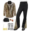 Jaren 70 disco kostuumset voor heren met gouden pailletten shirt en wijde broek - S / Top En Bottom (Met Accessoires) / Goud