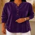 Elegant purple velvet long-sleeve top with V-neck button details and a loose casual fit - S / Tops / Deep purple