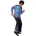 Retro jaren 70 disco kostuumset voor heren met pailletten overhemd en wijde pijpen - S / Boven- En Onderstuk / Blauw Geruit