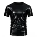 Detailed view of men's shiny metallic black T-shirt perfect for stage and party events - Black