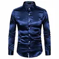 Camisa de satén azul marino brillante para hombre, de manga larga y corte entallado - Azul marino