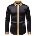 Detailed view of black satin men's shirt featuring elegant gold contrast trim and collar - S / Tops / Black