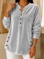Casual silver velvet V-neck long sleeve top with brown decorative buttons for women - Light Gray