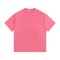 Heavyweight pink washed short sleeve T-shirt featuring distressed ripped hole details - S / Tops / Watermelon red