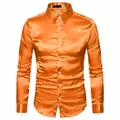 Camisa de satén naranja vibrante de manga larga con detalle clásico de cuello abotonado de lujo - Naranja