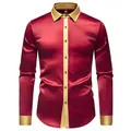 Close-up of elegant shiny red satin men's shirt with gold contrast collar and cuffs details - S / Tops / Burgundy