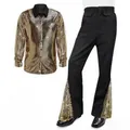 Disco kostuumset voor heren uit de jaren 70 met gouden paillettenhemd en wijde broek - M / Boven- En Onderstuk / Gouden Top + Broek