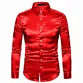 Detail view of a vibrant red men's shiny satin long-sleeve button-down shirt. - S / Red