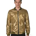 Μπροστινή όψη ανδρικού bomber jacket με χρυσές πούλιες και ριγέ λεπτομέρειες στο τελείωμα - S / Tops / Χρυσό
