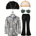 Disfraz de discoteca completo de los años 70 para hombre con peluca afro y pantalones campana - S / Top Y Pantalón / Estampado Blanco y Negro (Con Accesorios de 6 Piezas)