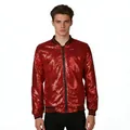 Stunning men's red sequin bomber jacket featuring striped ribbed collar and cuffs - Burgundy