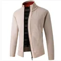Men's casual beige knit cardigan jacket with zipper and stand-up collar - M / Tops / Beige