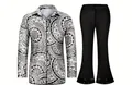 Disfraz disco hombre años 70 con camisa estampada y pantalones de campana - S / Top Y Pantalón / Estampado Blanco y Negro (Conjunto de 2 Piezas)