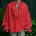 Chemise rouge vintage à volants pour hommes avec col en V à lacets pour cosplay pirate - XXS / Hauts / Rouge