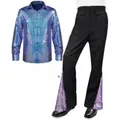 Heren disco kostuum uit de jaren 70 met pailletten shirt en zwarte flare broek - M / Boven- En Onderstuk / Blauw Geruite Top + Broek
