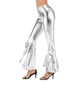Close-up detail of sexy silver metallic flared pants featuring tiered ruffled leg openings - Silver