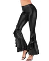 Close-up detail of shiny black faux leather bell-bottom pants with ruffle hem - S / Bottoms / Black