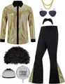 Complete 70s disco costume set for men with gold sequin shirt, flared pants and afro wig - Set 5