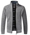 Men's casual grey zip-up knitted cardigan jacket with cozy plaid lining detail - M / Tops / Light Gray