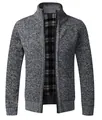 Casual grey marl men's zip-up knit cardigan featuring a plaid lining and ribbed cuffs. - M / Tops / Dark Gray