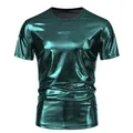 Detailed macro view showing the metallic shiny finish of a men's teal short sleeve T-shirt - Green